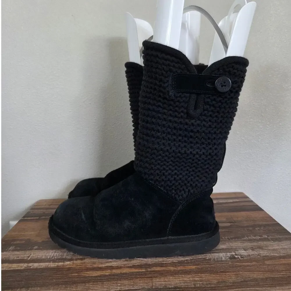 UGG Shaina Black Suede & Knit Ankle Boots Big Kids Size 4